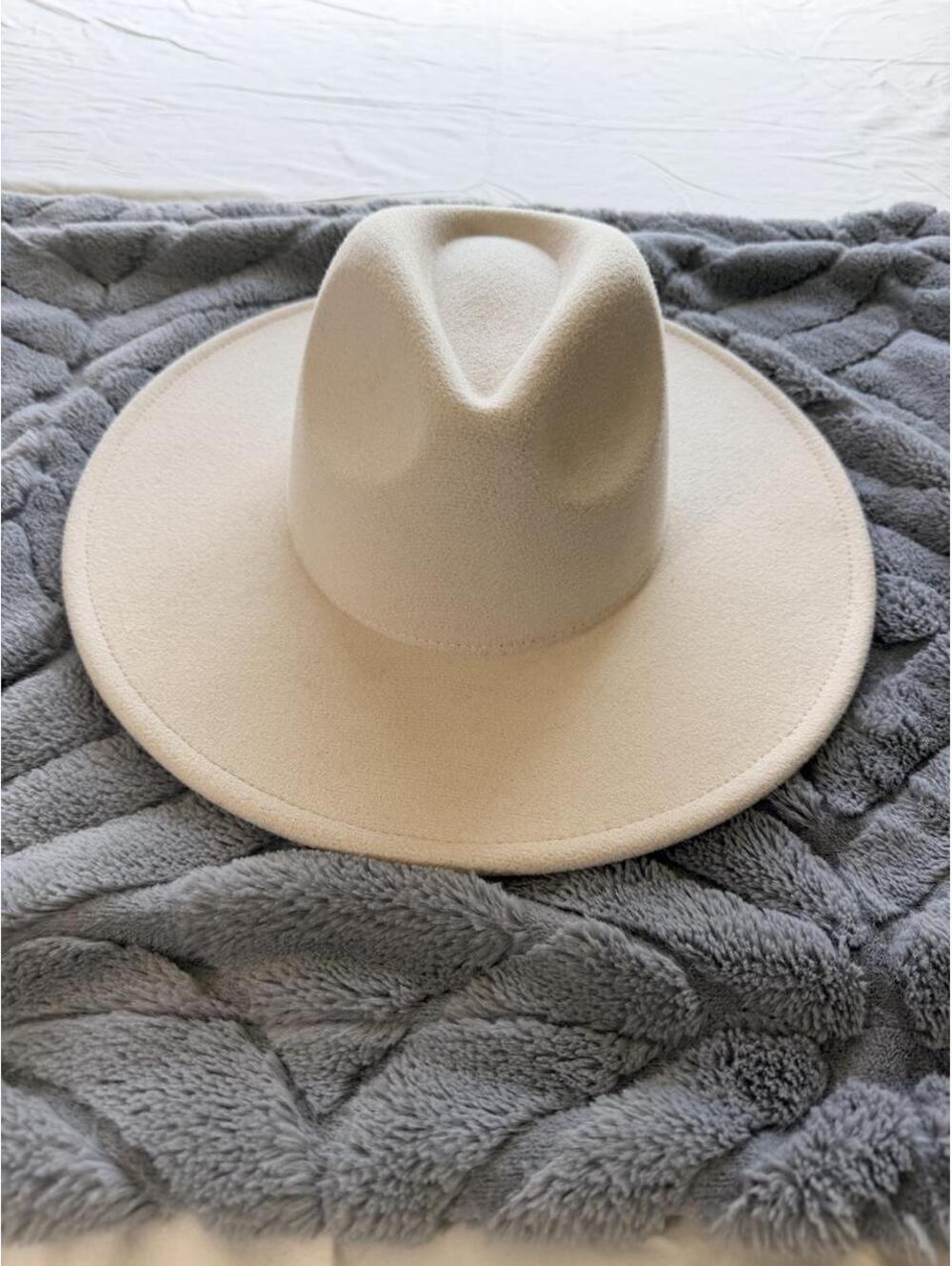 Wide Brim Rancher Hat Cream Ivory Felt Pinched Crown Adjustable Fit One Size